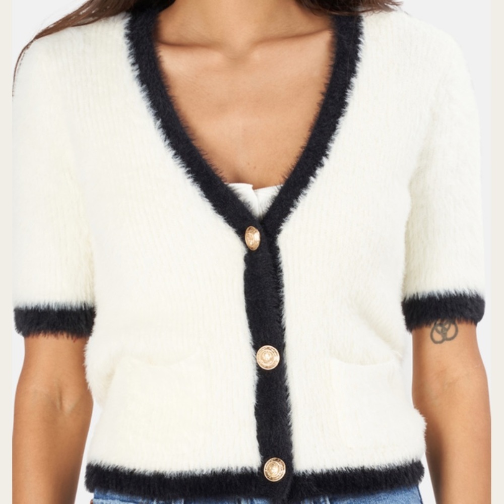 L’Agence Suzie Half Cardigan Sweater Ivory Black Fuzzy Knit Short Sleeve